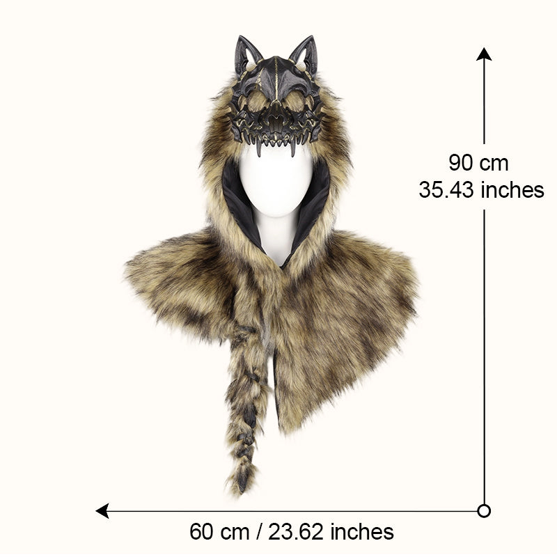 Halloween Medieval Viking Faux Wolf Skull Hooded Cape
