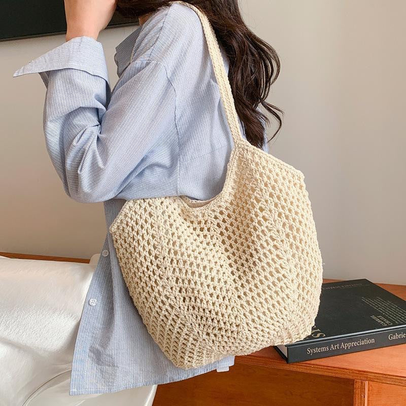 Handmade Crochet Beach Tote Bag – Large Woven Straw Hobo Bag for Summer Travel & Vacation