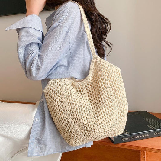Handmade Crochet Beach Tote Bag – Large Woven Straw Hobo Bag for Summer Travel & Vacation