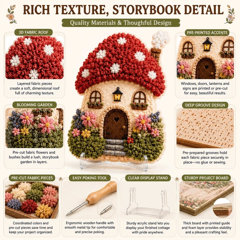 🔥 Last day: 49% off – ✨ ‘Whimsical Village’ kit for 3D fabric art (Poke Art technique)