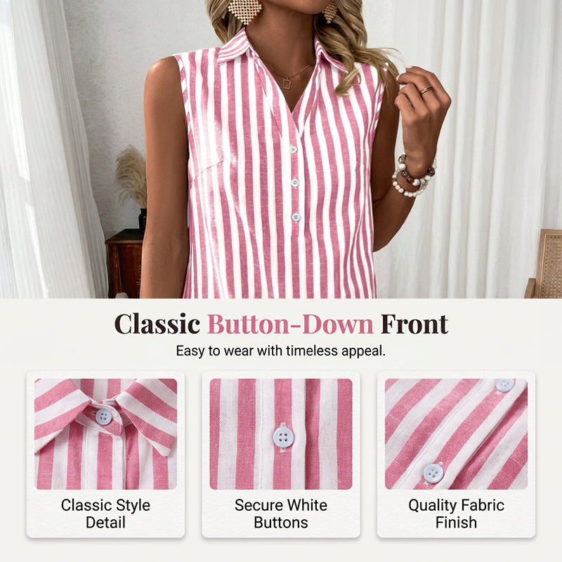 Women's sleeveless, striped shirt dress with a V-neck