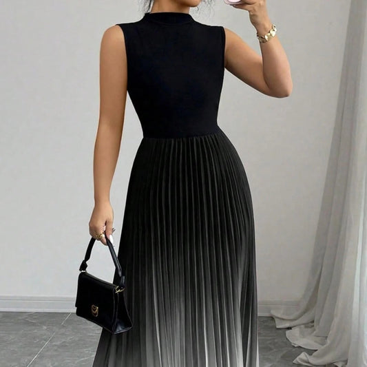 Sleeveless pleated maxi dress with an ombre effect and high neck
