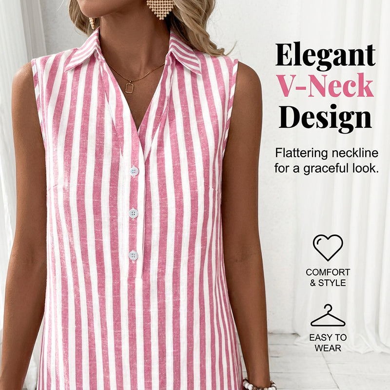 Women's sleeveless, striped shirt dress with a V-neck