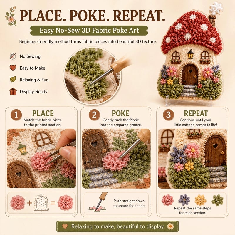 🔥 Last day: 49% off – ✨ ‘Whimsical Village’ kit for 3D fabric art (Poke Art technique)