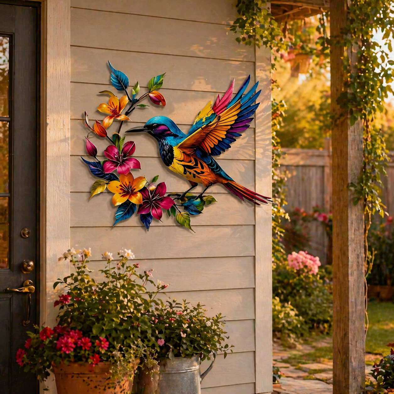 Colorful Hummingbird & Floral Metal Wall Decor