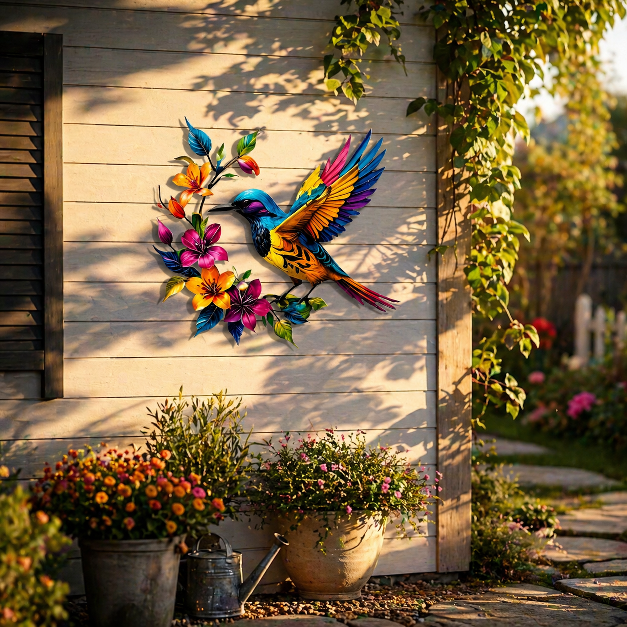 Colorful Hummingbird & Floral Metal Wall Decor