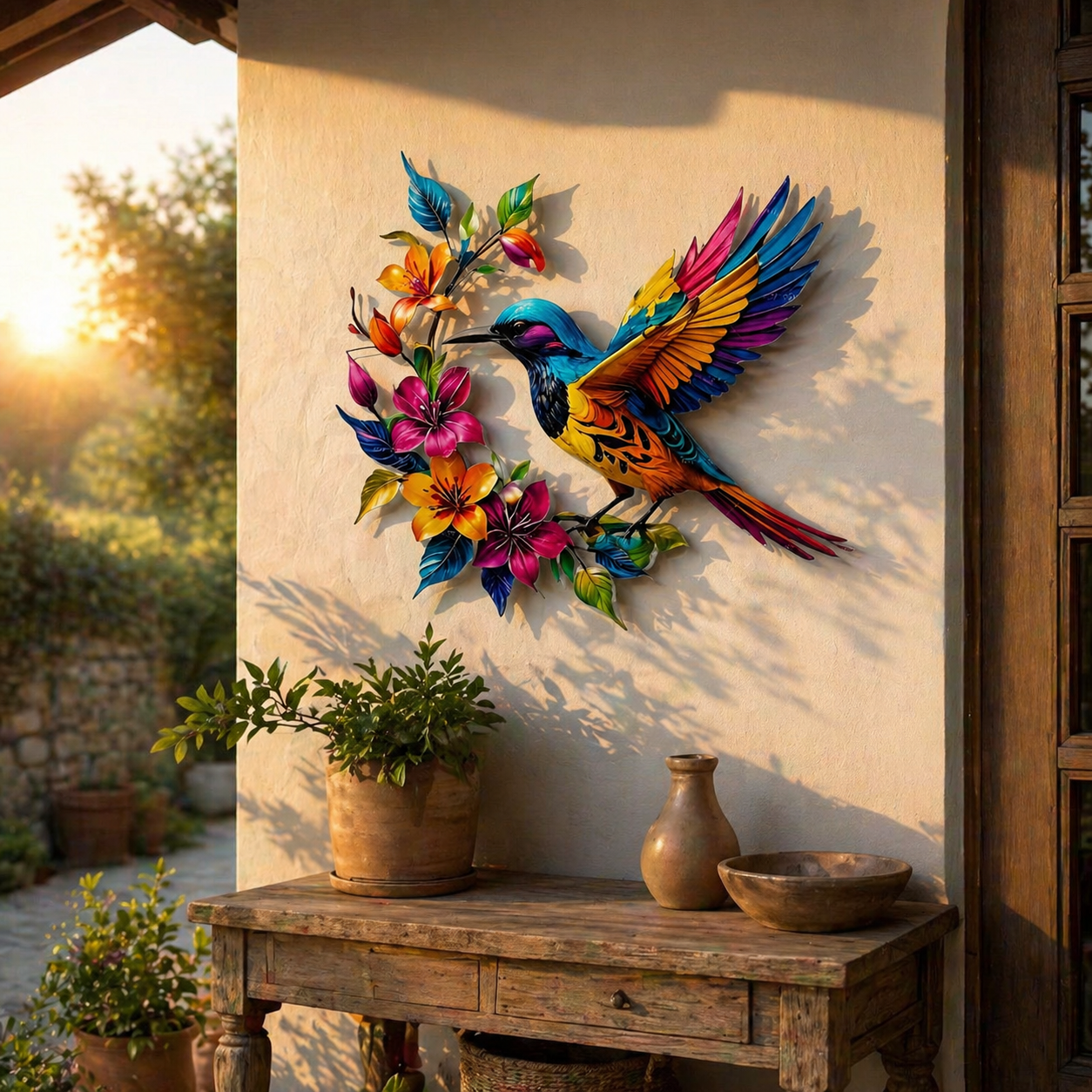 Colorful Hummingbird & Floral Metal Wall Decor
