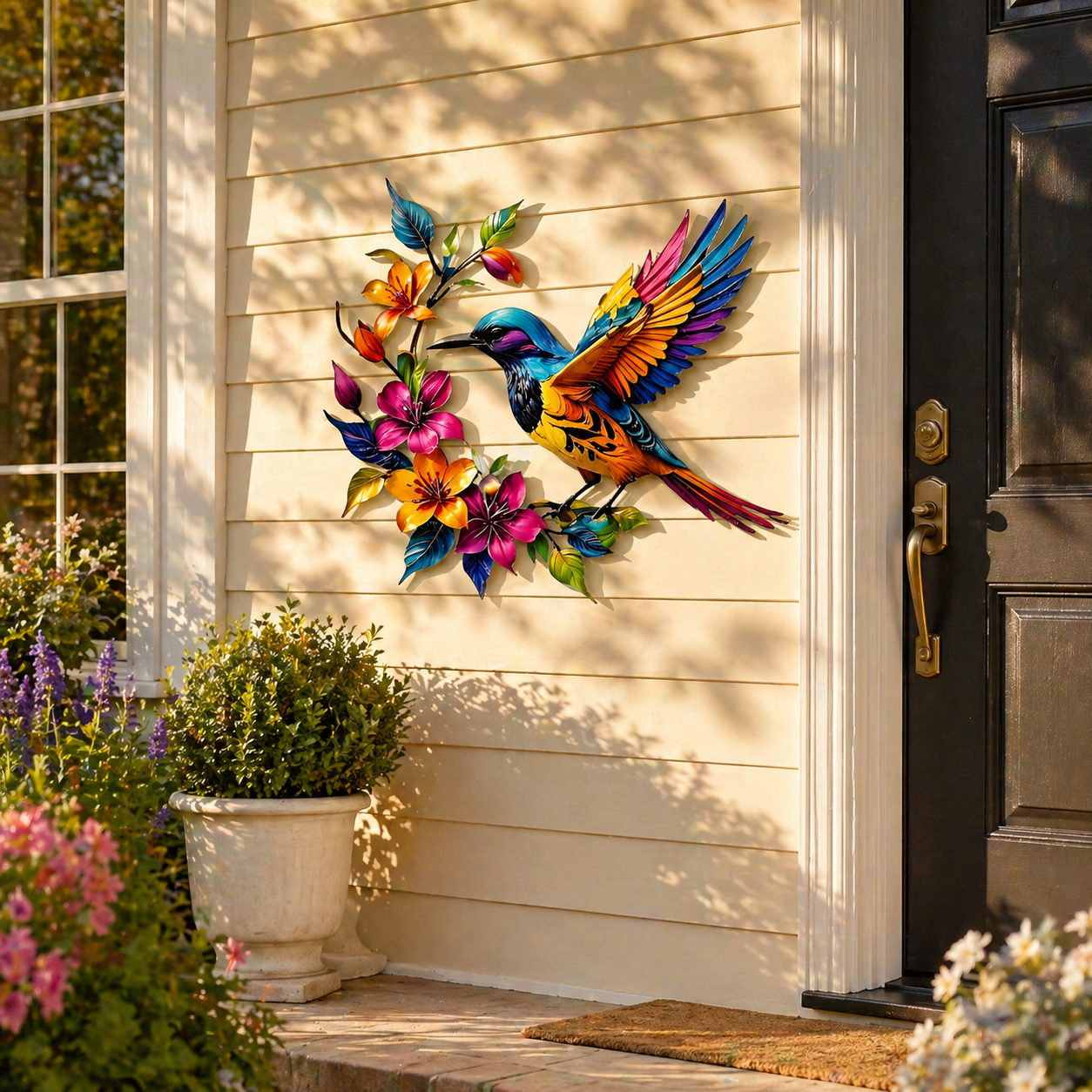 Colorful Hummingbird & Floral Metal Wall Decor