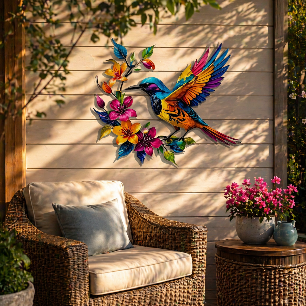 Colorful Hummingbird & Floral Metal Wall Decor