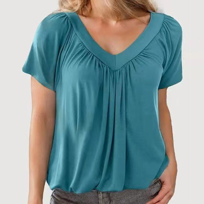 Naisten Rento Laskostettu V-Aukkoinen Lyhythihainen Paita