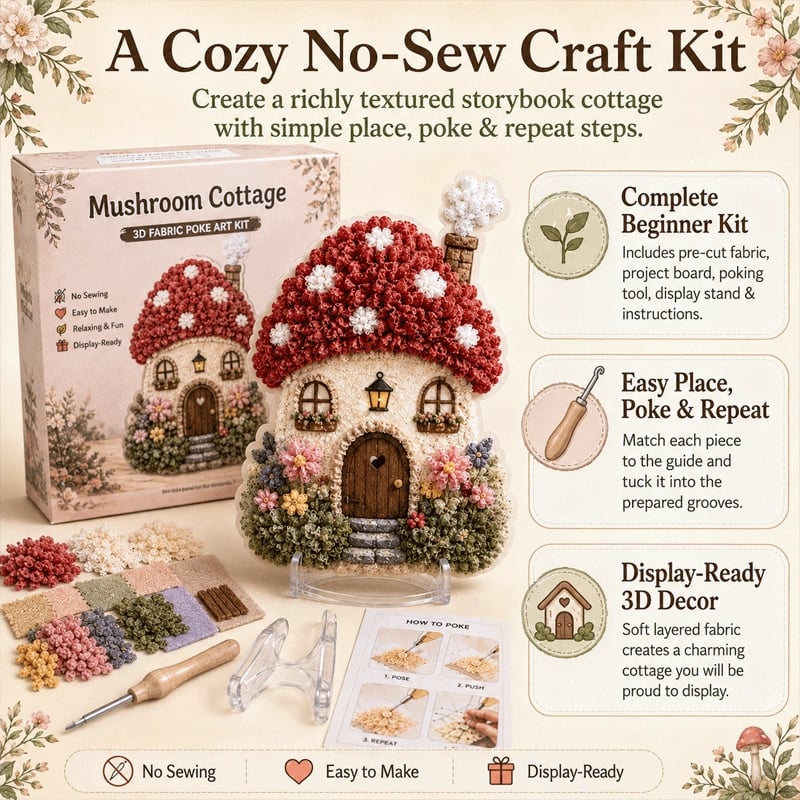 🔥 Last day: 49% off – ✨ ‘Whimsical Village’ kit for 3D fabric art (Poke Art technique)