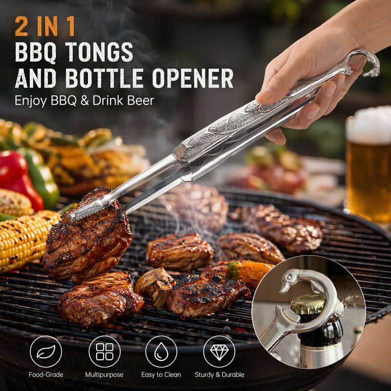 Elegant Crane Feather 304 Stainless Steel BBQ Tongs with Integrated Bottle Opener - Versatile Food & Grill Tongs