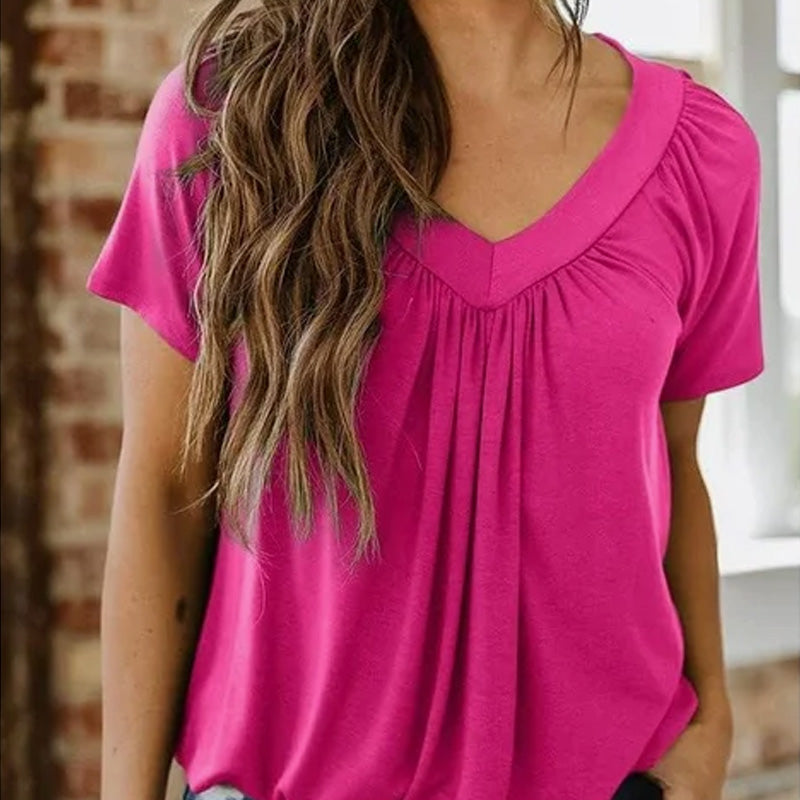 Naisten Rento Laskostettu V-Aukkoinen Lyhythihainen Paita