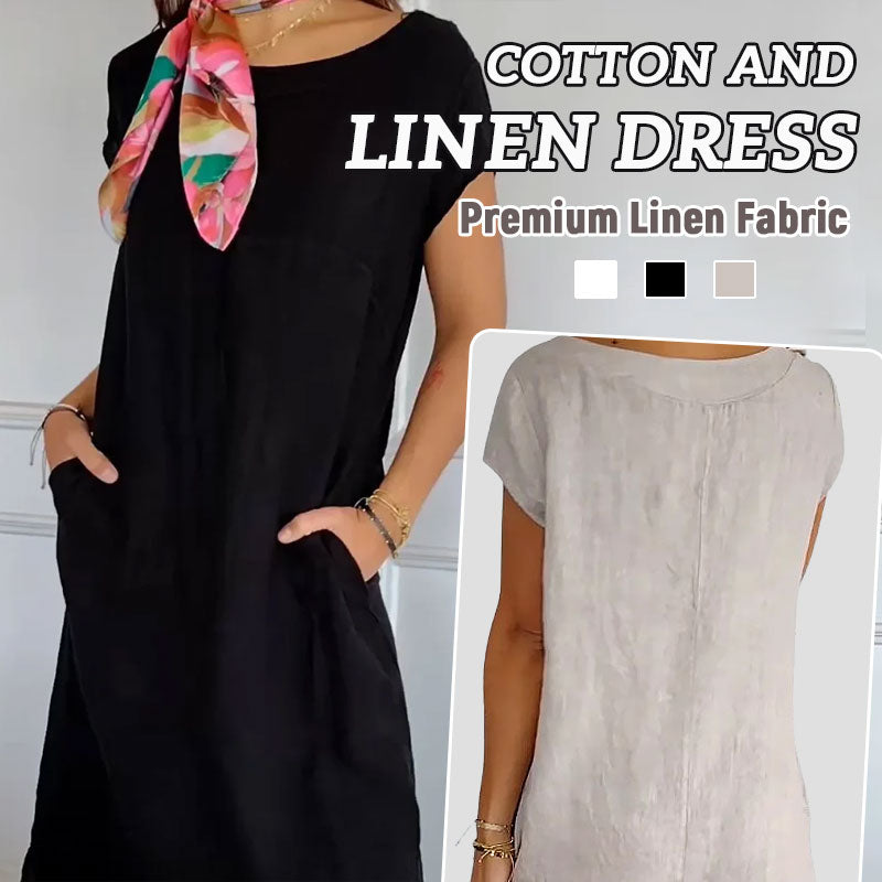 🌸Naisten pyöreä kaula-aukko lyhythihainen puuvilla pellava mekko