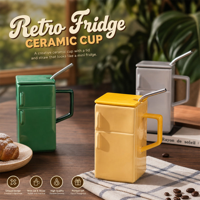 Creative Retro Refrigerator Ceramic Mug with Lid and Straw - Funny Office Couple Gift Coffee Mug