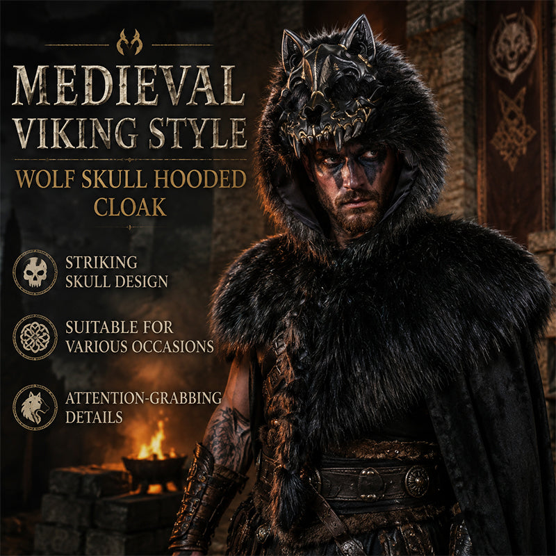 Halloween Medieval Viking Faux Wolf Skull Hooded Cape
