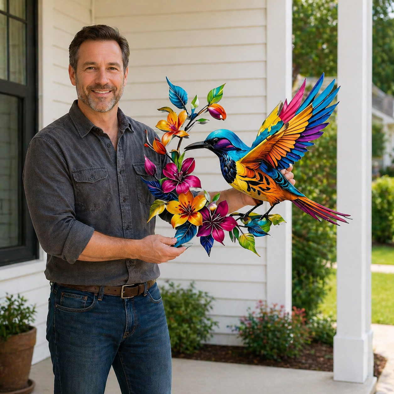 Colorful Hummingbird & Floral Metal Wall Decor