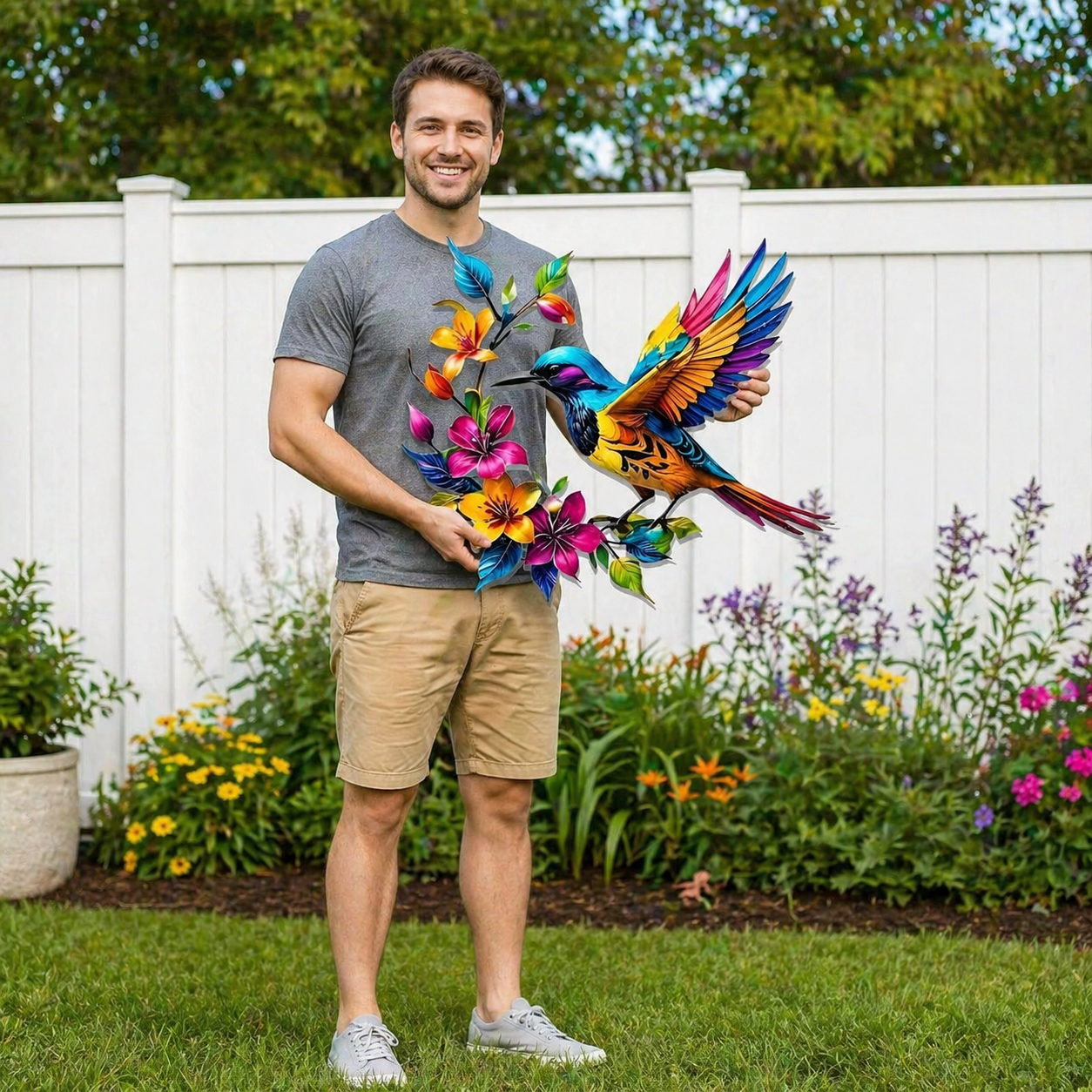 Colorful Hummingbird & Floral Metal Wall Decor