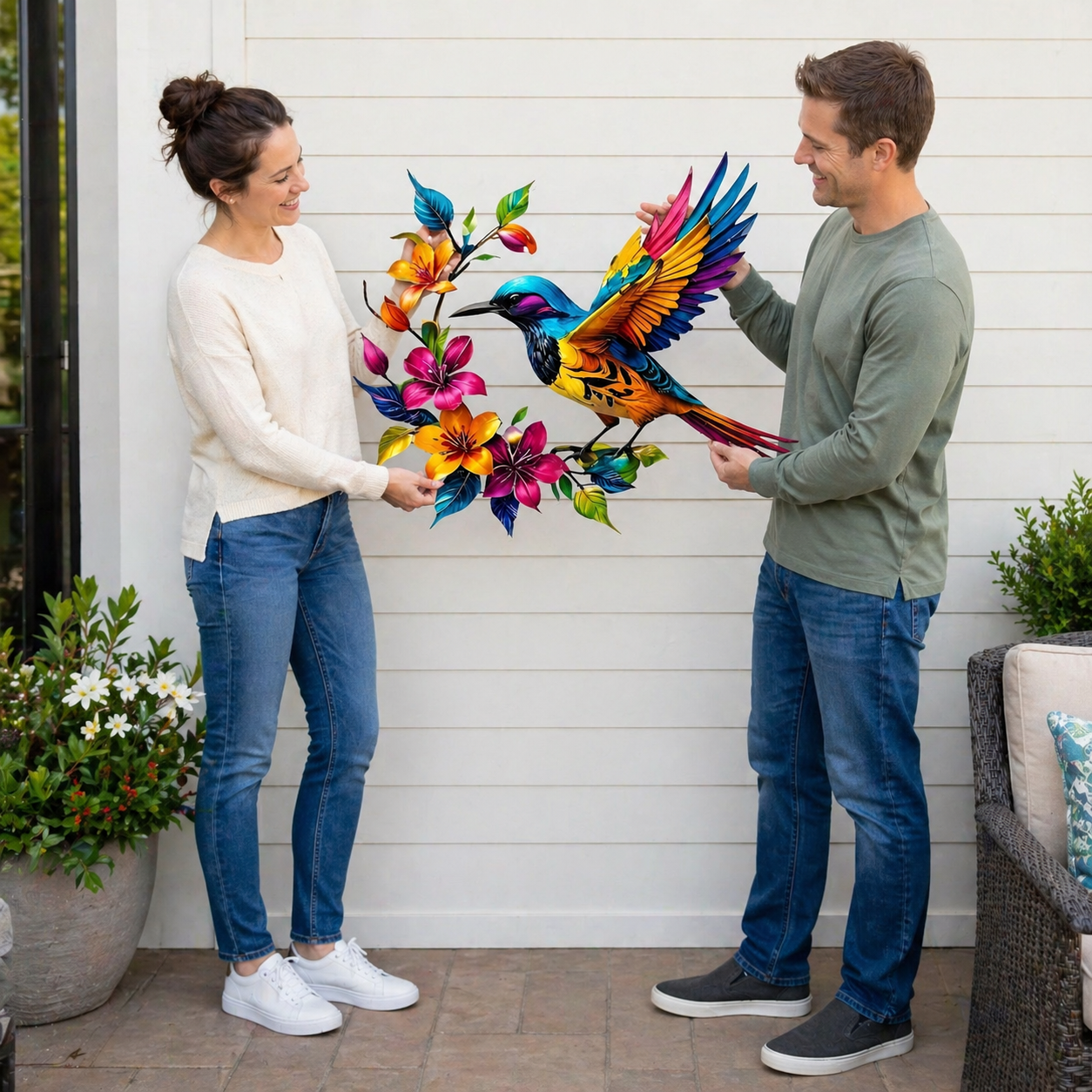 Colorful Hummingbird & Floral Metal Wall Decor