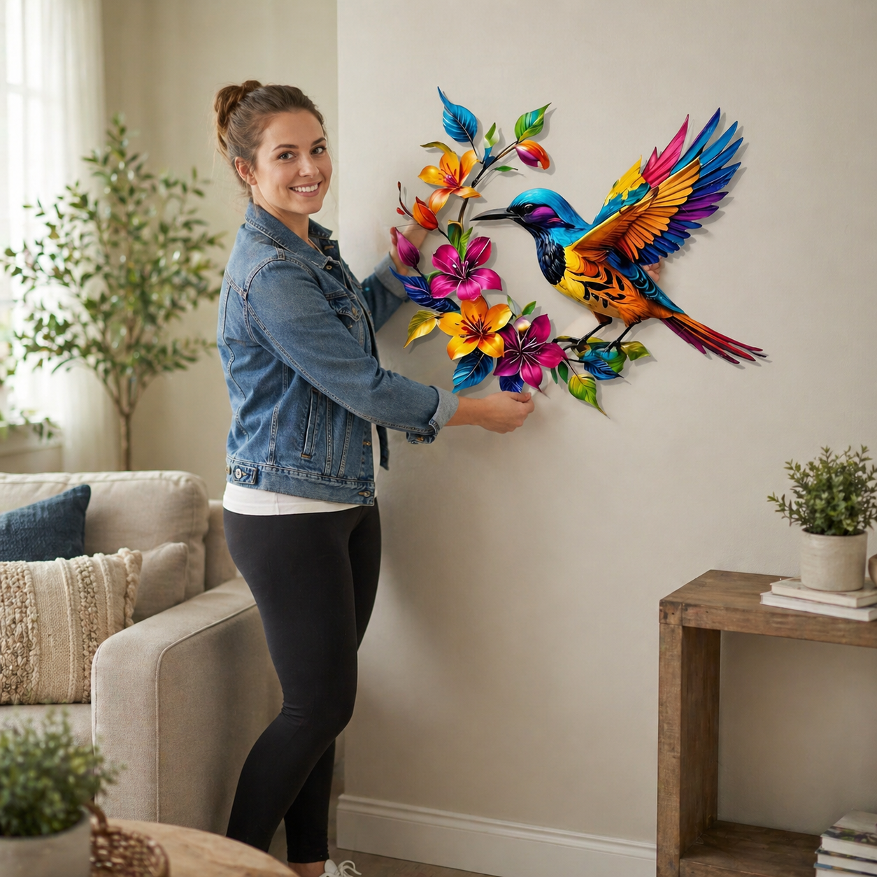 Colorful Hummingbird & Floral Metal Wall Decor