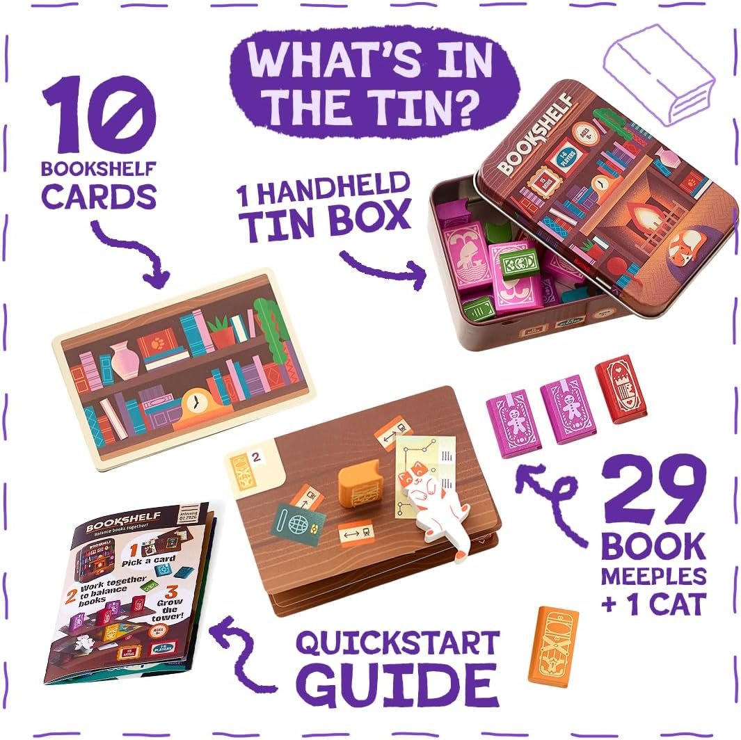 Bookshelf Cooperative Stacking Game | Skill & Balance Card and Book Tower Game in Travel Tin