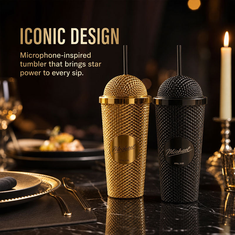 Superstar Microphone-Shaped Tumbler | Unique Gold & Black Drinkware
