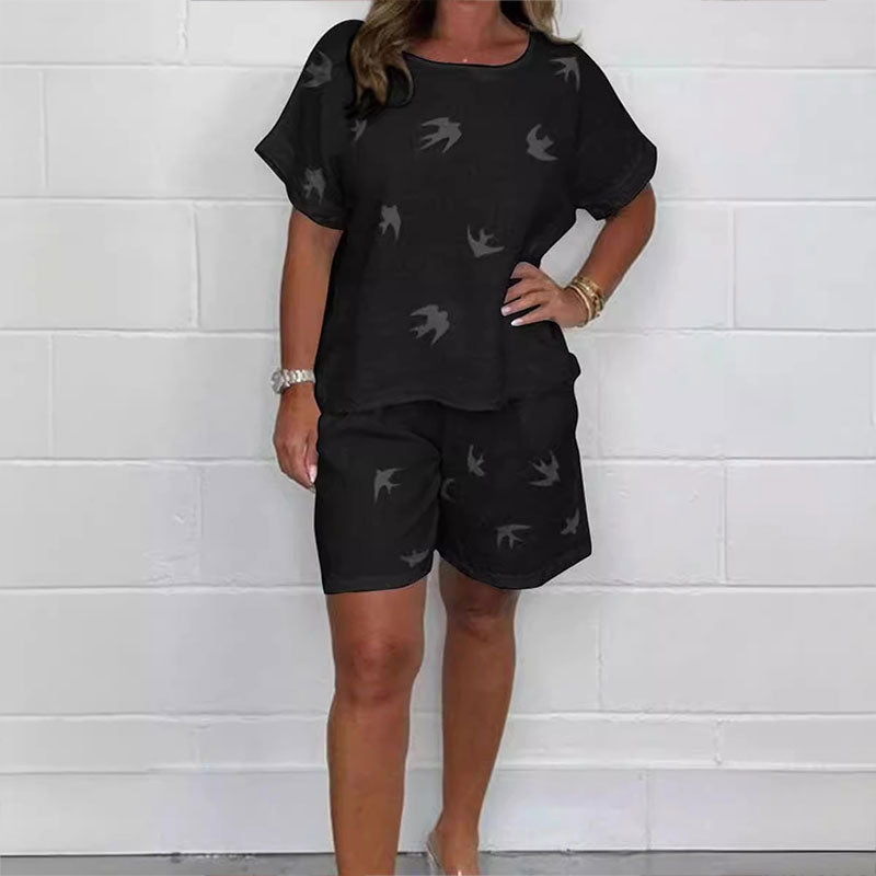 🌸Rento painettu puuvilla-pellava lyhythihainen shortsisarja