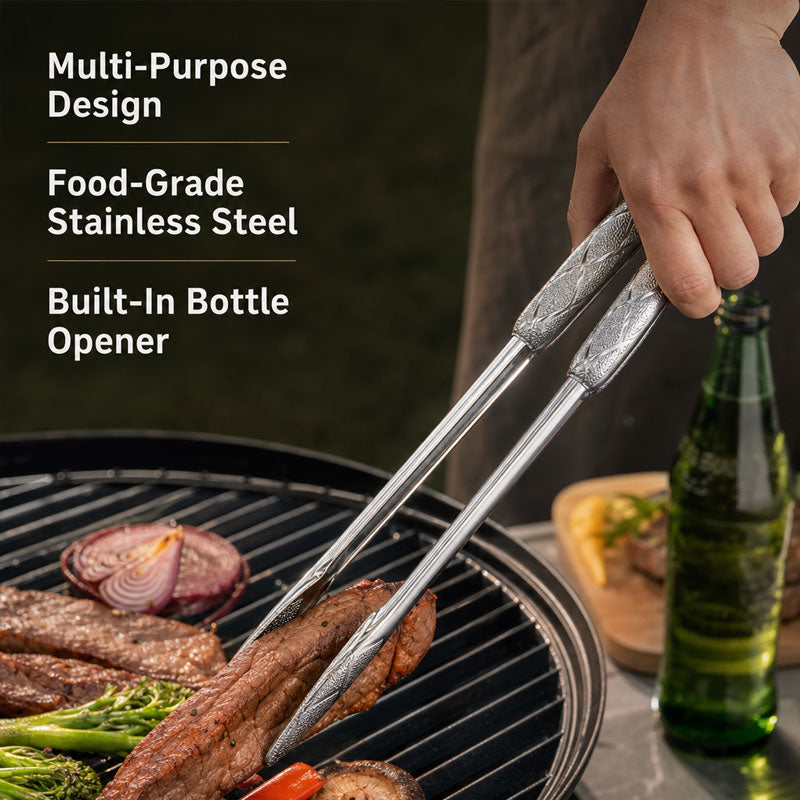 Elegant Crane Feather 304 Stainless Steel BBQ Tongs with Integrated Bottle Opener - Versatile Food & Grill Tongs