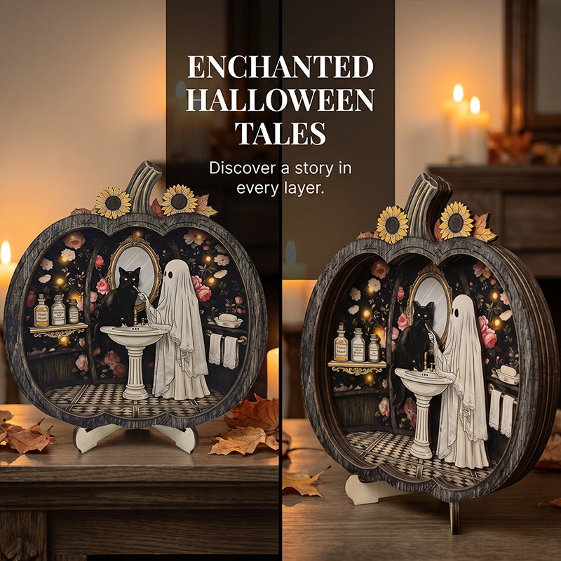 👻 Enchanting Halloween Ghost Pumpkin Decor | Cozy Wooden Tabletop Ornament with Charming Scenes