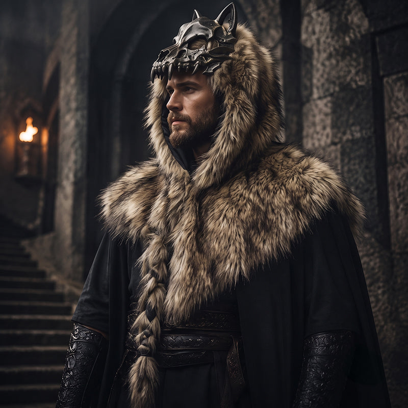 Halloween Medieval Viking Faux Wolf Skull Hooded Cape