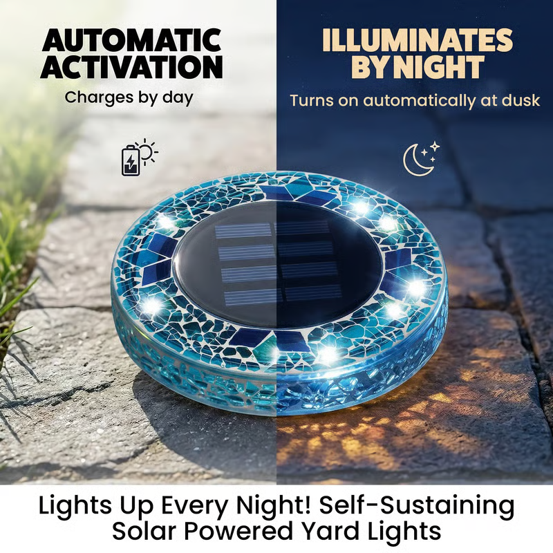 Solar Mosaic Disk Garden Lights – Waterproof, Auto-Sensing LED Pathway Lamps for UK Gardens, Patios & Stepping Stones