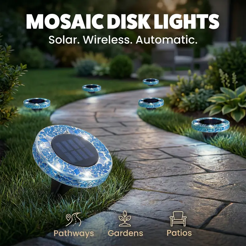 Solar Mosaic Disk Garden Lights – Waterproof, Auto-Sensing LED Pathway Lamps for UK Gardens, Patios & Stepping Stones