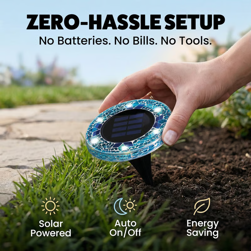Solar Mosaic Disk Garden Lights – Waterproof, Auto-Sensing LED Pathway Lamps for UK Gardens, Patios & Stepping Stones