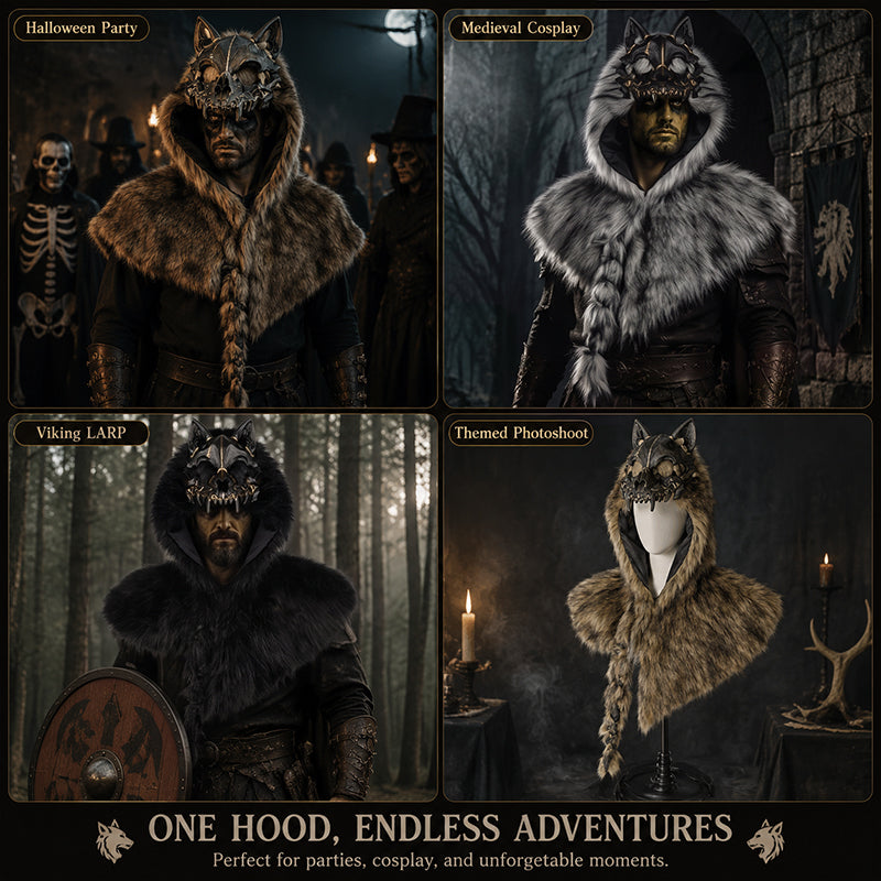 Halloween Medieval Viking Faux Wolf Skull Hooded Cape