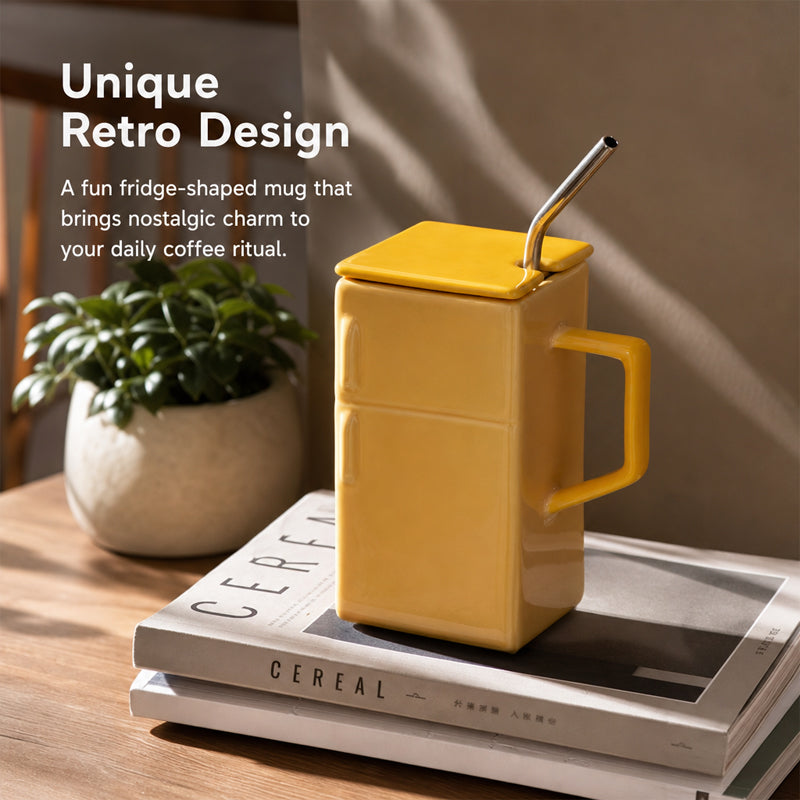 Creative Retro Refrigerator Ceramic Mug with Lid and Straw - Funny Office Couple Gift Coffee Mug