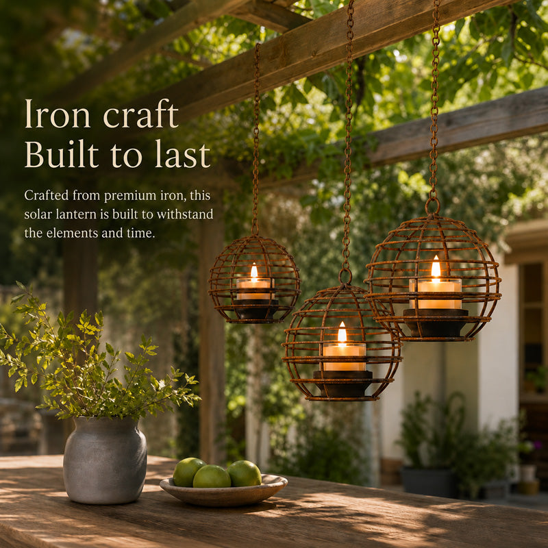Solar Powered Spherical Candle Lanterns - Metal Hanging Lights for Garden & Patio Decor