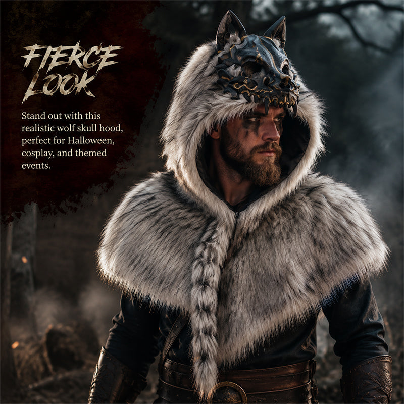 Halloween Medieval Viking Faux Wolf Skull Hooded Cape