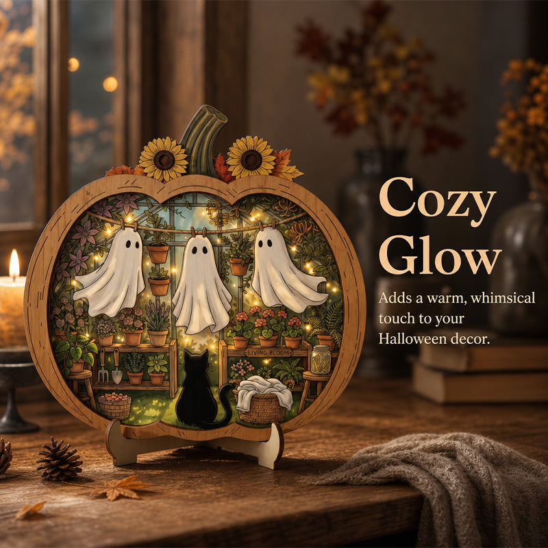 👻 Enchanting Halloween Ghost Pumpkin Decor | Cozy Wooden Tabletop Ornament with Charming Scenes