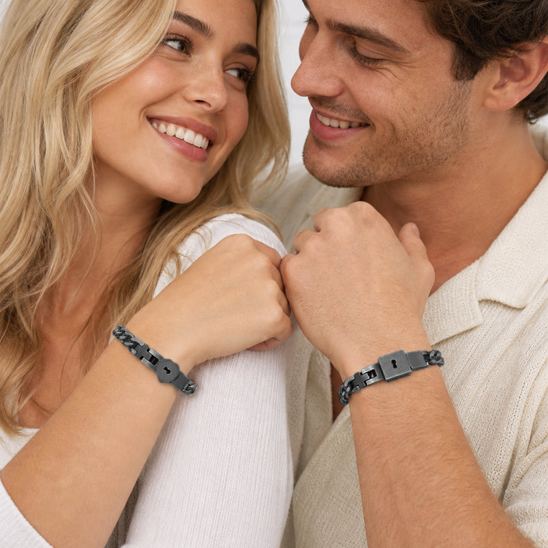 Matching bracelets with a heart-shaped padlock