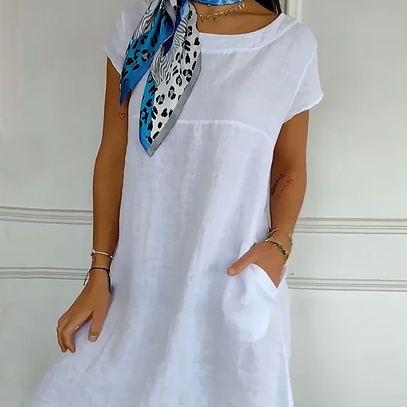 🌸Naisten pyöreä kaula-aukko lyhythihainen puuvilla pellava mekko