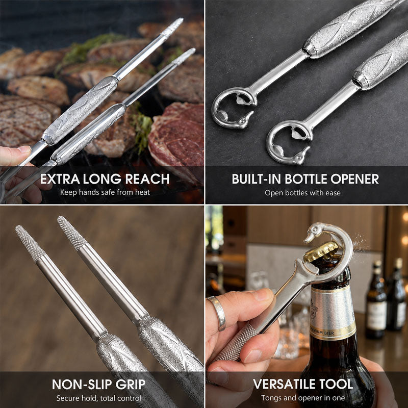 Elegant Crane Feather 304 Stainless Steel BBQ Tongs with Integrated Bottle Opener - Versatile Food & Grill Tongs