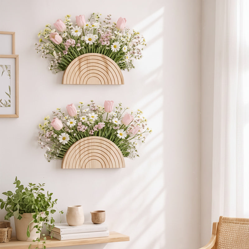 Semi-Circular Wall Flower Pot Shelf – Creative Wooden Floral Display & Home Decor