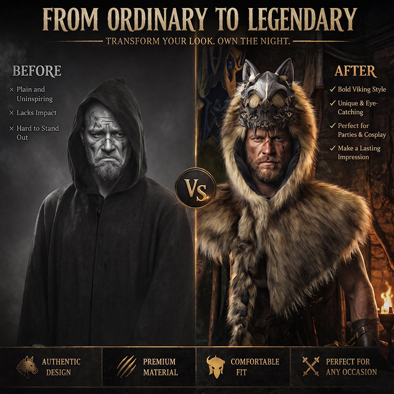 Halloween Medieval Viking Faux Wolf Skull Hooded Cape