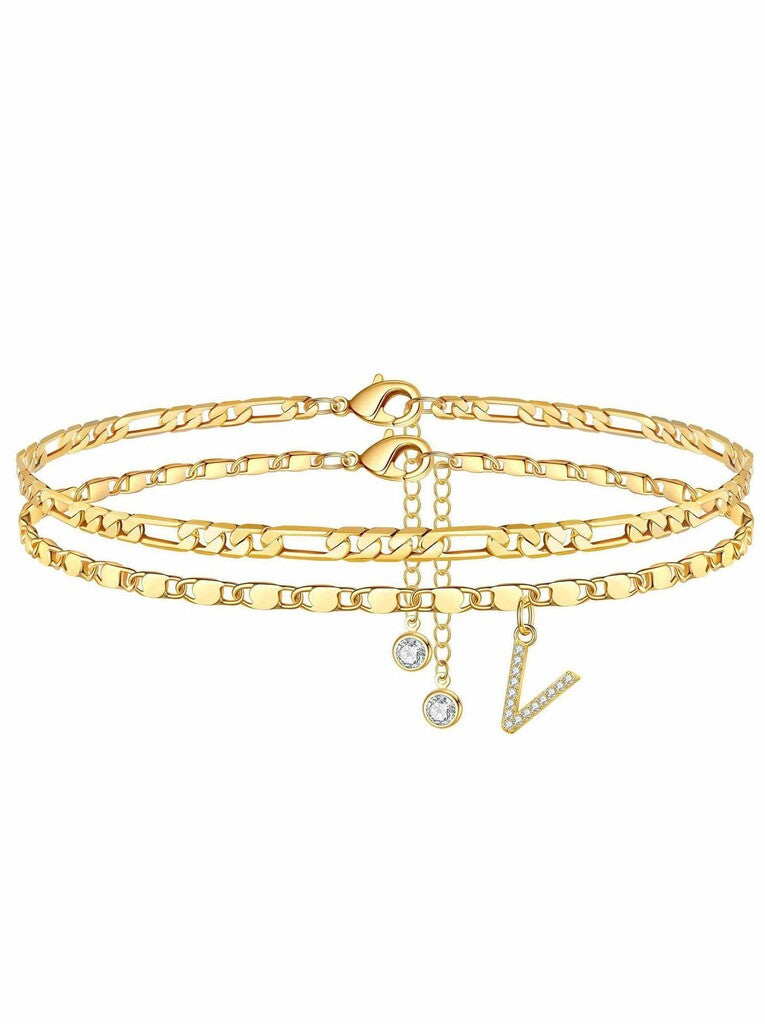 ✨ Layered Gold Ankle Bracelet for Women – Rhinestone, Adjustable, Beach Jewelry 🏖️