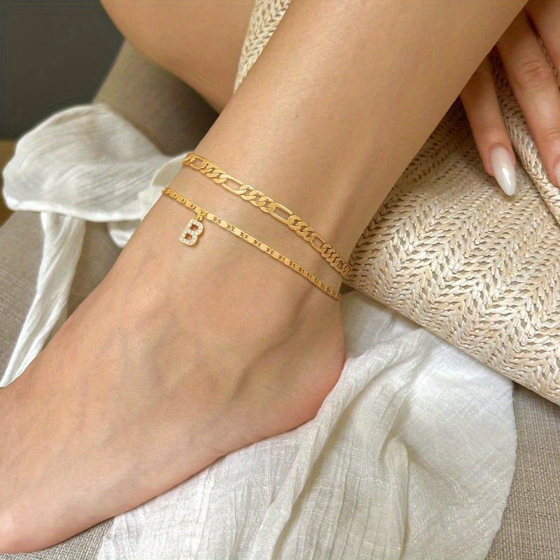 ✨ Layered Gold Ankle Bracelet for Women – Rhinestone, Adjustable, Beach Jewelry 🏖️