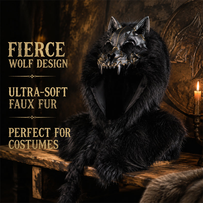 Halloween Medieval Viking Faux Wolf Skull Hooded Cape