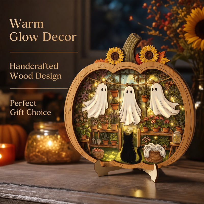 👻 Enchanting Halloween Ghost Pumpkin Decor | Cozy Wooden Tabletop Ornament with Charming Scenes