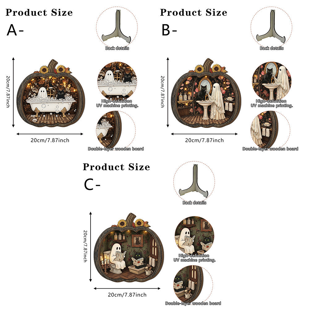 👻 Enchanting Halloween Ghost Pumpkin Decor | Cozy Wooden Tabletop Ornament with Charming Scenes