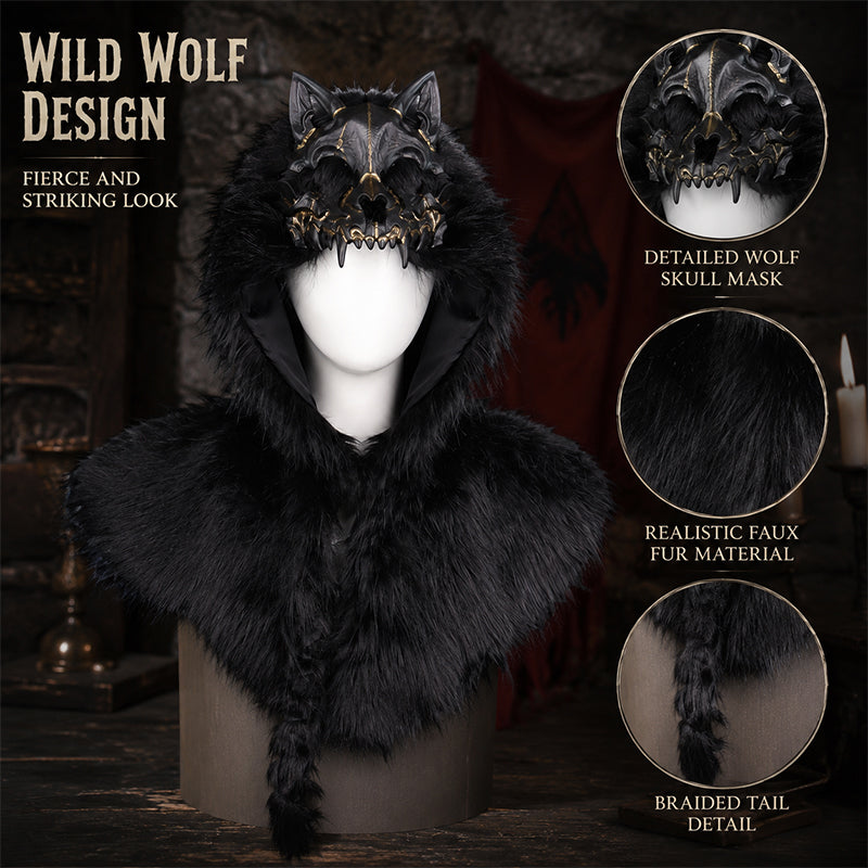 Halloween Medieval Viking Faux Wolf Skull Hooded Cape