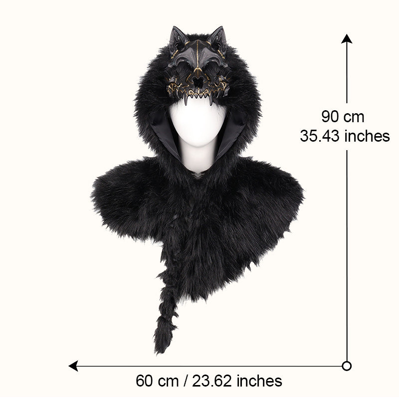 Halloween Medieval Viking Faux Wolf Skull Hooded Cape